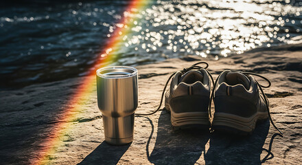 Stainless Steel Tumbler on Rocky Riverbank Adventure Ready