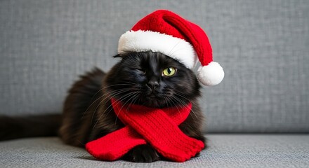 Black cat wearing santa hat and red scarf lying on grey couch with one eye closed and whiskers visible