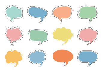 Colorful speech bubbles twelve shapes with black outlines arranged in a 3x4 grid on a white background