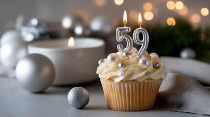 Elegant birthday cupcake with candles and decorative elements celebrating 59 years