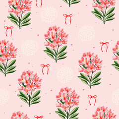 Cute Pink Hydrangea Flower Seamless Vector Pattern with Ribbons and Bows — Modern Hand-Drawn Pastel Design for Fabric, Wrapping Paper, and Stationery