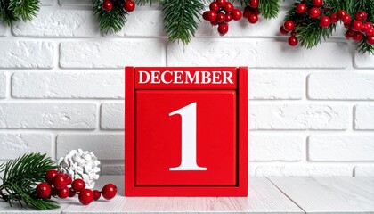 December 1st. Image of december 1 wooden color calendar on white brick wall background. Date reminder winter season day planner brick backdrop.
