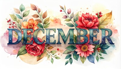 December holidays month creative with gifts flowers and leaves. Decoration tex. Festive december celebration idea present floral foliage ornament wording.