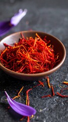 Fototapeta premium A small brown bowl overflowing with vibrant red threads, saffron