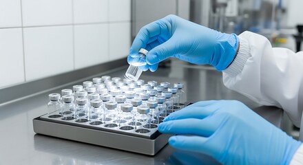 Scientist in a lab coats handling vials in a sterile environment