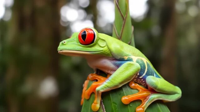 Red-eyed tree frog perched on a broad leaf with a blurred forest background