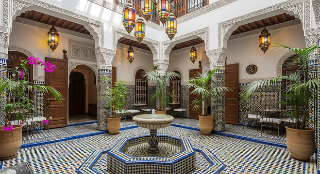Traditional Moroccan Riad Courtyard with Intricate Zellige Tiles and Central Fountain