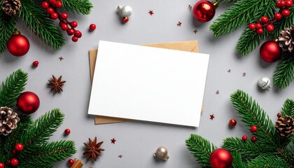 Christmas greeting card lying on marble table with red envelope surrounded by decorations. Festive season card on stone surface scarlet letter near ornament for holiday wish.