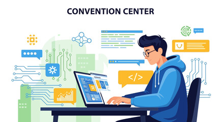 Illustrative Representation Of Programming And Digital Workstation At Convention Center Venue
