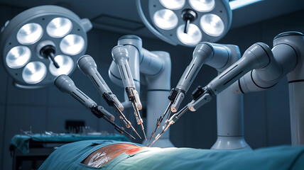 Advanced robotic surgery system performing minimally invasive operation in modern operating room