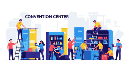 Illustrative Scene Of Preparations Inside A Convention Center For An Important Event