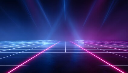 Futuristic neon grid landscape with glowing light beams and digital pathways creating an immersive cyberspace environment for technology and innovation concepts