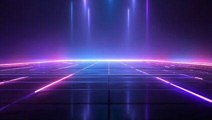 Futuristic neon grid floor with vibrant purple and blue light beams extending upwards into a dark abstract digital space creating an immersive technological atmosphere