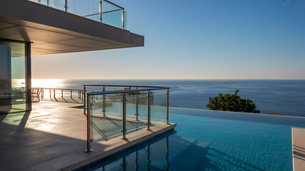 Modern luxury infinity pool overlooking ocean sunset with balcony and sea horizon