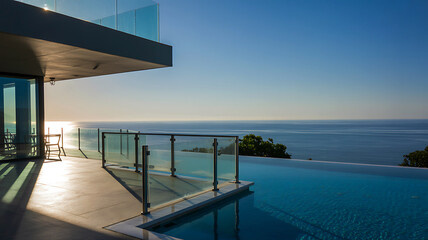 Modern luxury balcony overlooking a serene ocean with an infinity pool at sunset