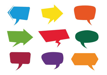 Illustration of nine differently shaped and colored speech bubbles isolated on a white background
