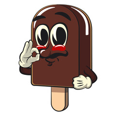 cute chocolate ice cream bar mascot cartoon vector illustration isolated mustache and giving a delicious sign, work of hand drawn