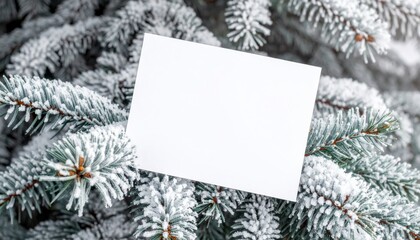 blank white paper card laying on winter spruce branches. Greeting card mockup amidst evergreen foliage perfect for holiday season message offering space for custom and seasonal