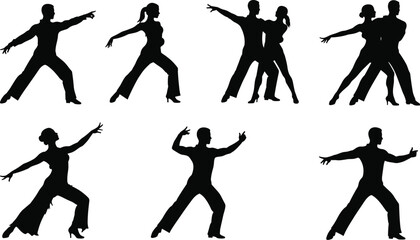 Silhouettes of professional competitive ballroom and Latin dancers performing dynamic dance moves, including tango, salsa, rumba, and cha-cha, in various couple and solo poses.