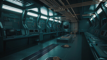 Futuristic sci-fi corridor with neon lights and metal walls industrial ambiance