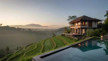 Tranquil modern villa with infinity pool overlooking misty mountain landscape at sunrise serene getaway