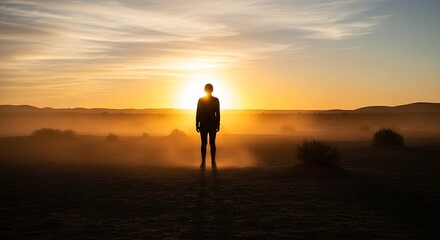 Silhouette figure at golden sunrise desert landscape