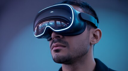 Man wearing virtual reality headset experiencing digital world and immersive technology
