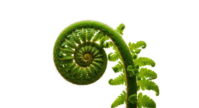 Close up of a vibrant green fern frond unfurling in a perfect spiral shape. - Powered by Adobe