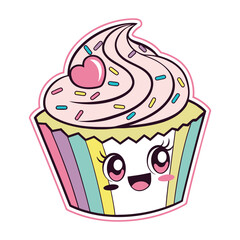 Cute Cupcake Sticker with Happy Smiling Face Cartoon Illustration