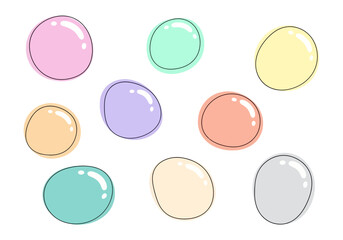 Nine pastelcolored shiny abstract oval forms with dark outlines arranged on a white background