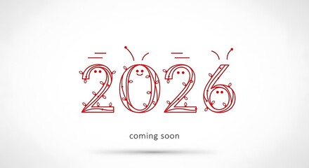 Red line art of the year two thousand twenty six with coming soon text on a white background design