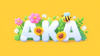 Obraz premium Sweet cheerful cartoon lettering with flowers and bee on bright background