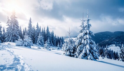 Fototapeta premium Beautiful Christmas Background with snow covered green pine tree brunch and lettering Hello December. Trendy moody dark toned design. Vintage December wallpaper. Natural winter holiday