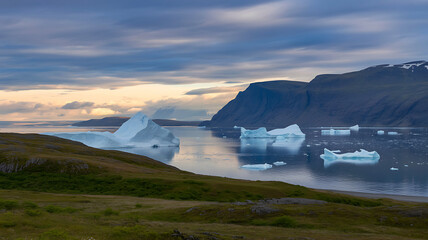 Majestic icebergs drift in a calm arctic fjord under a dramatic twilight sky