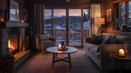 Cozy living room with glowing fireplace and stunning sunset view from large windows