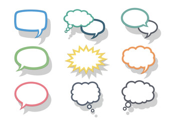 Nine speech bubbles of various shapescolors are on a white background with shadows
