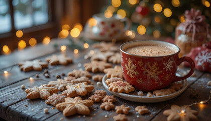 Christmas cookies and hot cocoa on a wooden table, surrounded by fairy lights, cozy festive vibe