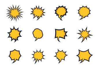 Twelve cartoon speech bubbles in yellow with black outlines in varying shapes and sizes against a white background
