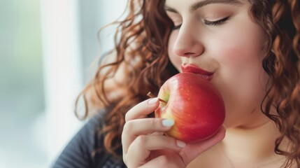Confident plus size woman enjoying a fresh apple in natural light
