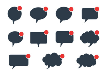 Twelve dark diverse chat bubbles with red notification dots neatly arranged