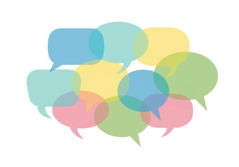 Varied colorful speech bubbles overlap against a white backdrop creating a layered vibrant cluster