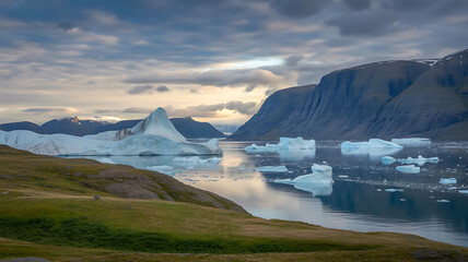 Dramatic arctic glacier and iceberg landscape under a moody sky