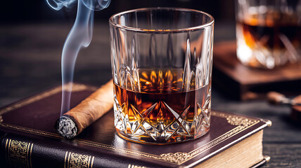 Elegant whiskey glass and smoking cigar resting on an old book in dim lighting
