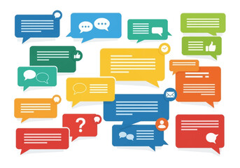 Various colored cartoon speech bubbles scattered filled with generic icons and horizontal lines to mimic text