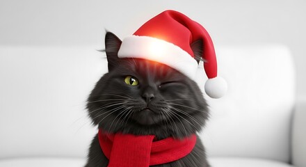 A black cat winking wearing a santa hat and a red scarf against a white background looking at the camera