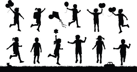 Happy children playing outdoors silhouette vector, kids running jumping and holding balloons in park, childhood fun activity concept illustration, black white art