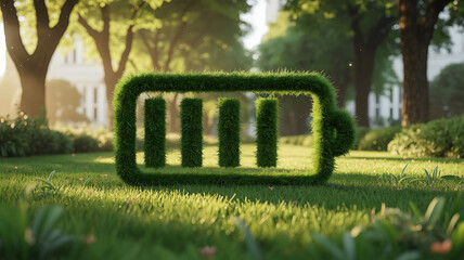 Green energy battery symbol made of lush hedges on a sunny lawn symbolizing eco-friendly power