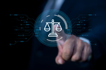 Justice and laws concept. Attorney at law legal business advice lawyer. AI ethics or AI law, developing AI codes of ethics. businessman touching law technology symbol on virtual screen.