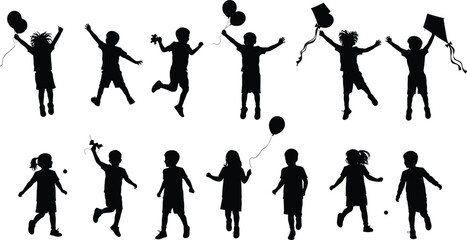 Happy children silhouettes playing outdoors, jumping, running, flying kites and holding balloons, joyful childhood freedom, summer fun vector illustration design concept