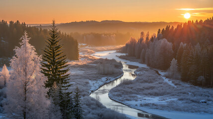 Majestic winter sunrise over a snow covered forest valley landscape